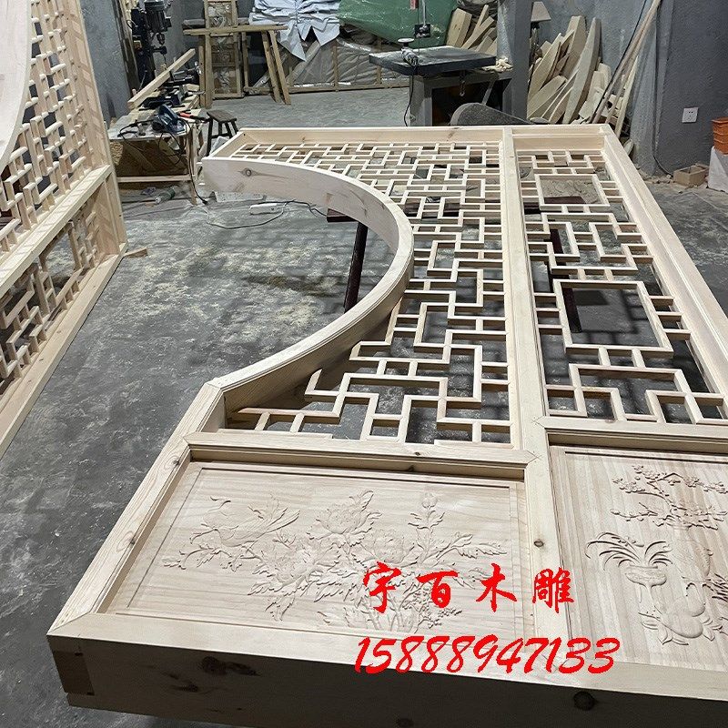 镂空新中式客厅隔断月亮门圆拱门仿古实木花格月洞门X博古架多宝