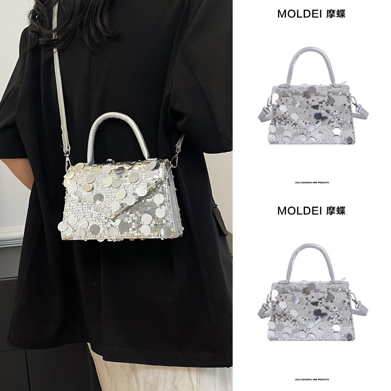 秋季冬季精致质感小包包女2024新款百搭亮片手提包银色斜挎小方包