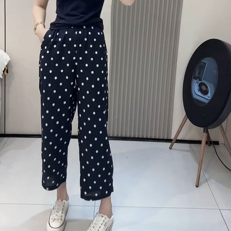 藏蓝色松紧腰波点棉麻直筒休闲裤女夏薄款大码宽松显瘦九分阔腿裤