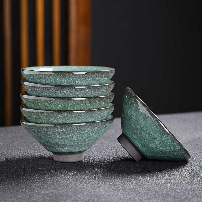 绿冰花冰裂釉主人单杯开片茶杯y盏陶瓷茶具功夫茶杯套装6只斗笠杯