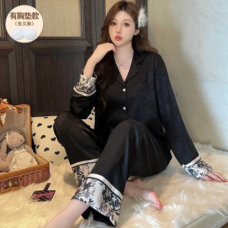 带胸垫睡衣女春秋薄款夏长袖黑色防真丝绸冰丝套装国风可外穿开衫