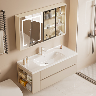 奶油风实木陶瓷一体无缝盆浴室柜组合镜柜侧边收纳洗漱台洗脸手盆