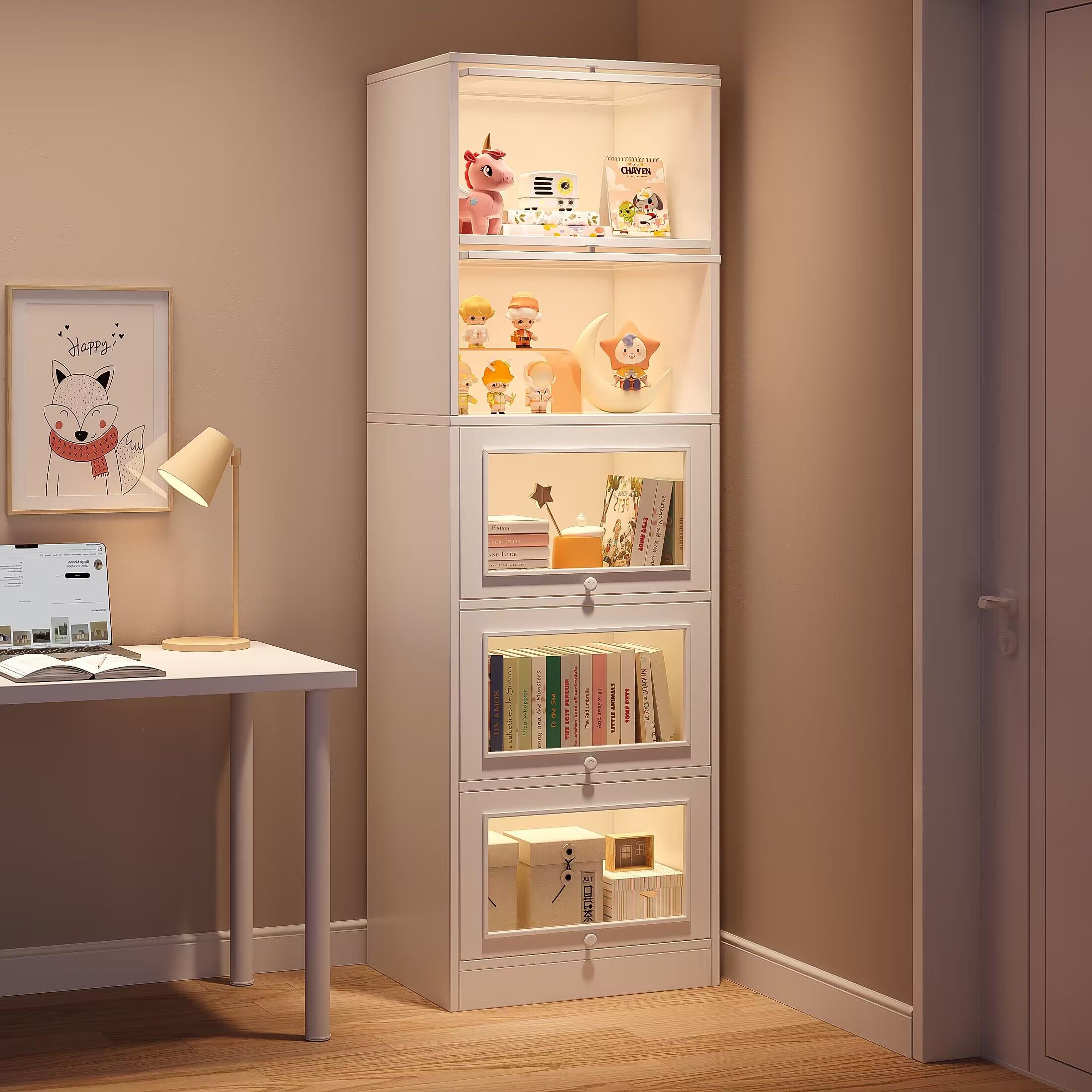 书架置物架落地家用亚克力书柜翻盖墙边收纳柜子储物柜防尘展示柜