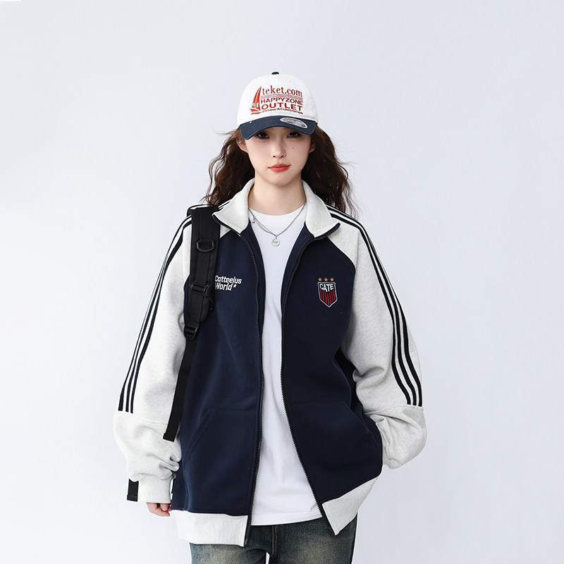 棒球服外套女撞色拼接宽松夹克春秋新款情侣装美式翻领开衫上衣潮