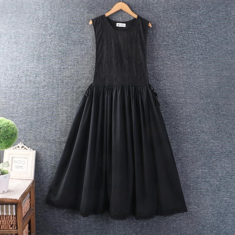 春装新款女装文艺小清新圆领简约纯色棉麻连衣裙宽松背心裙叠穿