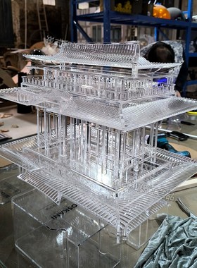 亚克力新中式透明凉亭r阁楼建筑模型摆件房子古建筑屋檐装饰软装
