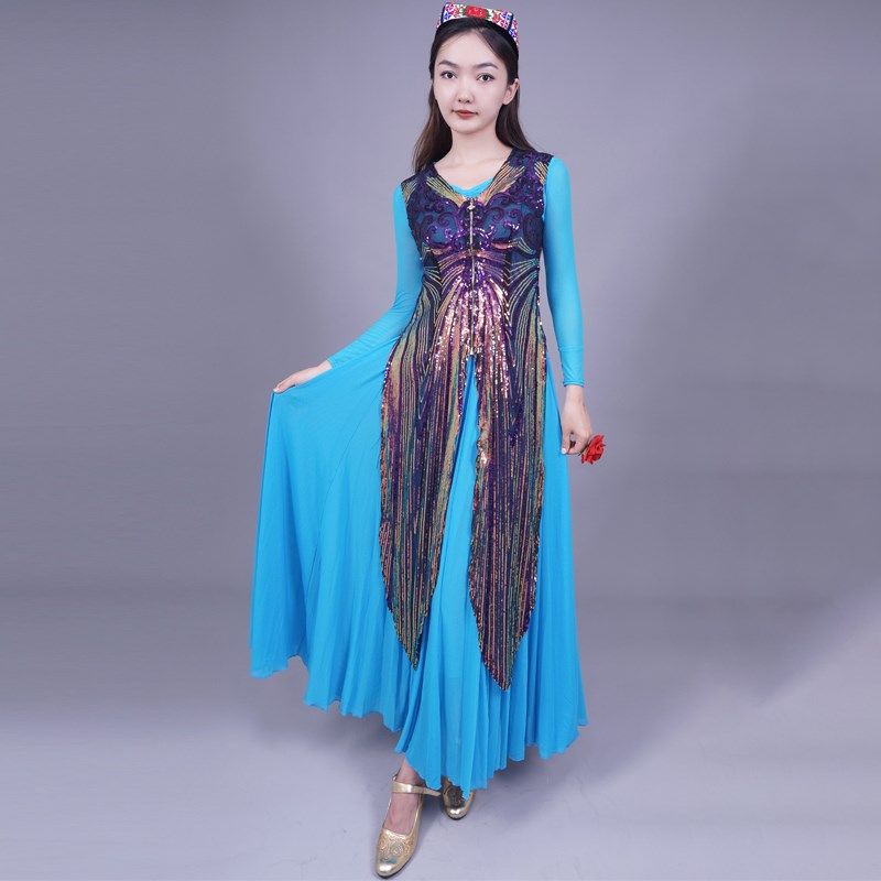 新疆维吾尔族春秋款修身亮片女长款黑色马甲舞蹈舞台演出服装马夹