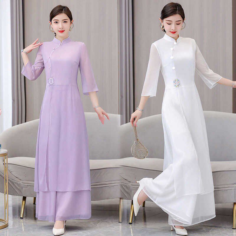 唐装女新中式国风禅意茶服套装两件套改良旗袍连衣裙茶艺服装夏季