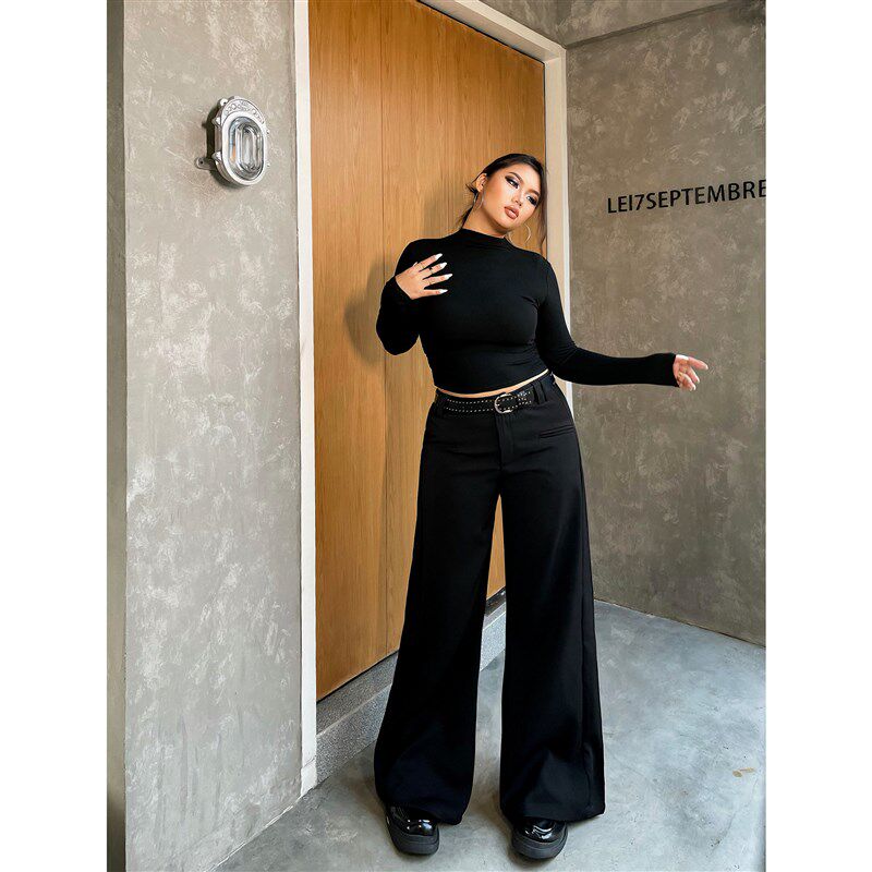 楠哥微胖黑色垂感直筒休闲裤女大码高腰宽松显瘦胖mm百搭西装裤子