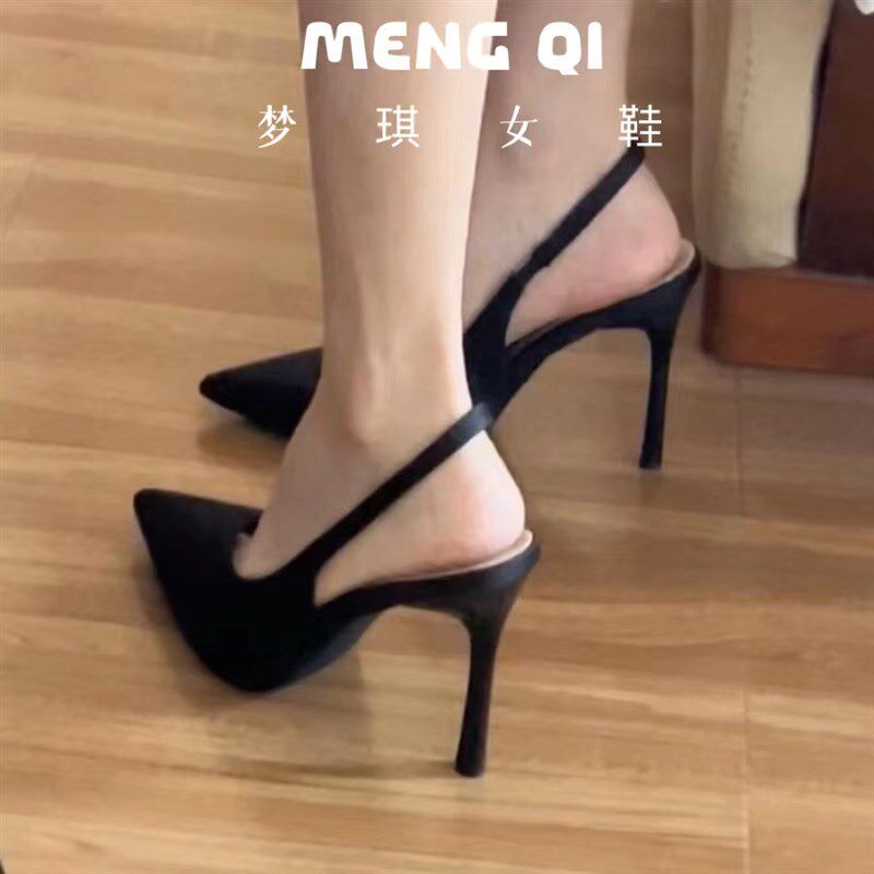御姐高跟鞋后绊带黑色尖头单鞋女夏季细跟成人礼2025新款包头凉鞋