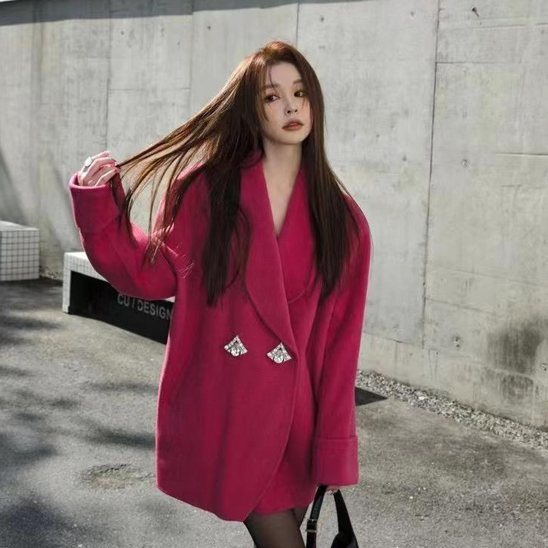 玫红色双面羊绒大衣女中长版2023秋冬新款宽松大翻领茧型毛呢外套