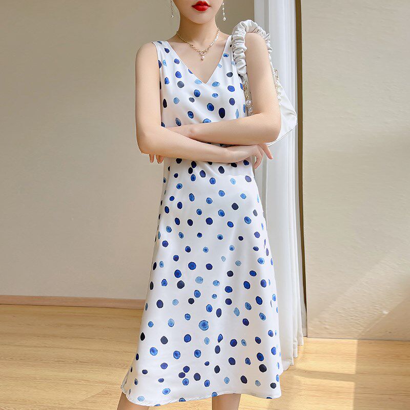 夏季新款收腰长裙a字法式醋酸吊带连衣裙女高端面印花裙西服搭配