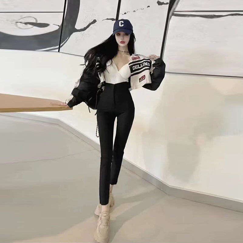 高腰黑色裤子女2025爆款春秋高级感修身显瘦弹力小脚铅笔九分西裤