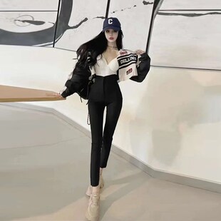 高腰黑色裤子女2025爆款春秋高级感修身显瘦弹力小脚铅笔九分西裤