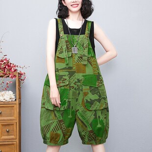 胖妹妹宽松显瘦遮肉文艺印花五分牛仔背带短裤 韩版 女裤 大码 女 夏季