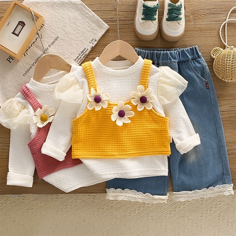 女童套装2025新款春秋季洋气花朵针织毛衣吊带背心百搭宝宝三件套