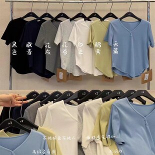 大7女装32051春夏新款韩版宽松大码胖mm休闲慵懒风V领短袖T恤上衣