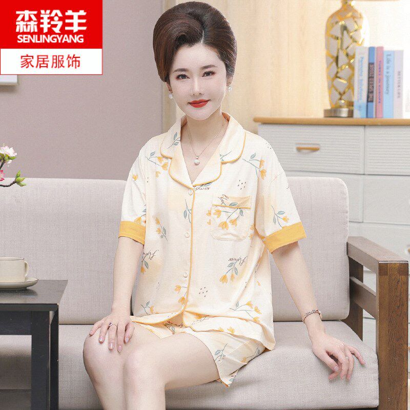 夏季中年妈妈短袖短裤开衫睡衣纯棉薄款中老年女士全棉家居服套装