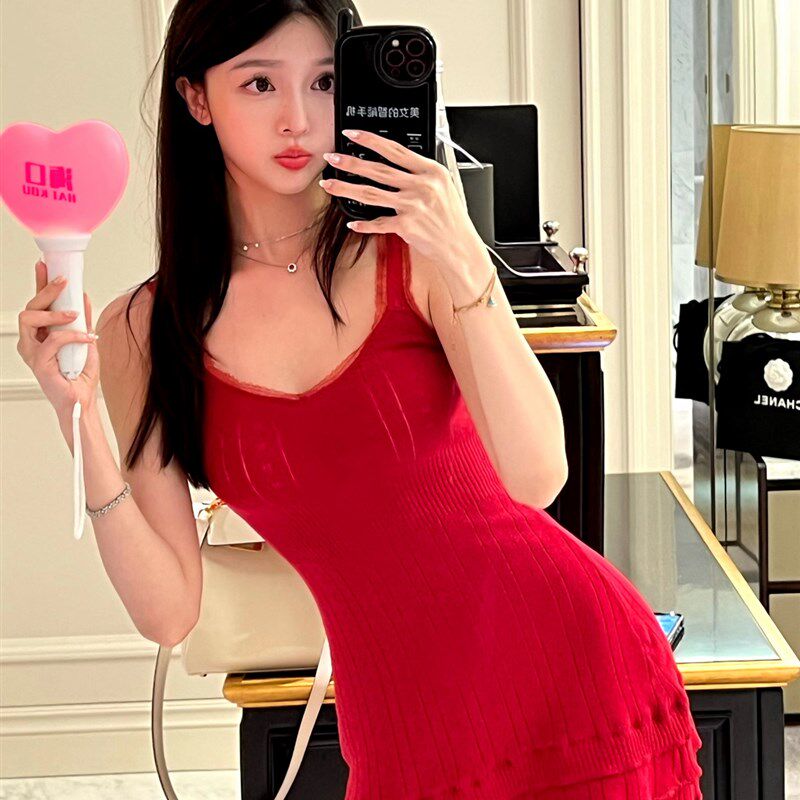 7.8 属于夏天的 红色裙子纯棉针织吊带弹力大三层荷叶下摆显腿长