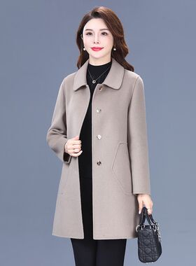 秋冬妈妈双面羊绒女外套中长款直筒微修身方领单排扣拼接酒红大衣