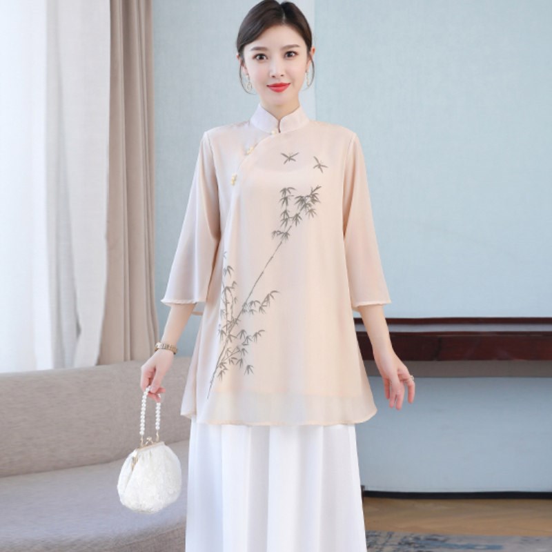 国风女装禅意茶服仙气改良旗袍印花雪纺上衣唐装套装茶艺师服装女