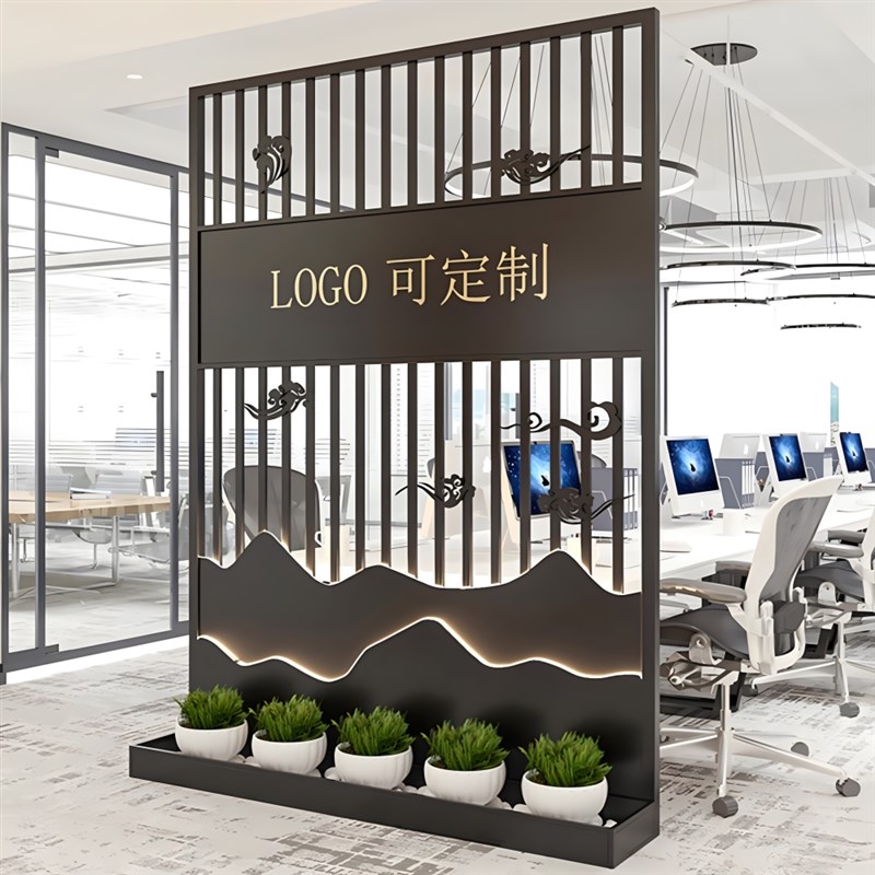 公司铁艺隔断免打孔可移动屏风办公室进门玄关LPogo形象背景墙装