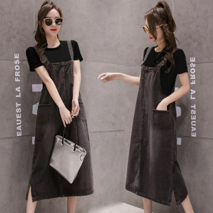 上衣两件套宽松吊带连衣裙套装 2021夏裙加大码 百搭背带牛仔长裙