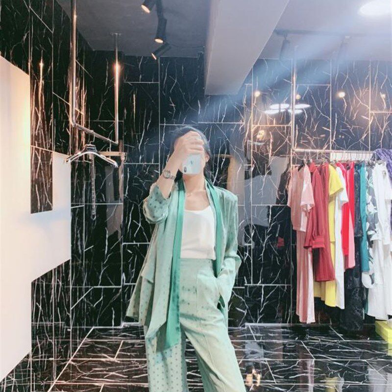 波点清新绿色拼色小西服休闲外套韩版阔腿长裤短裤女春夏两件套装