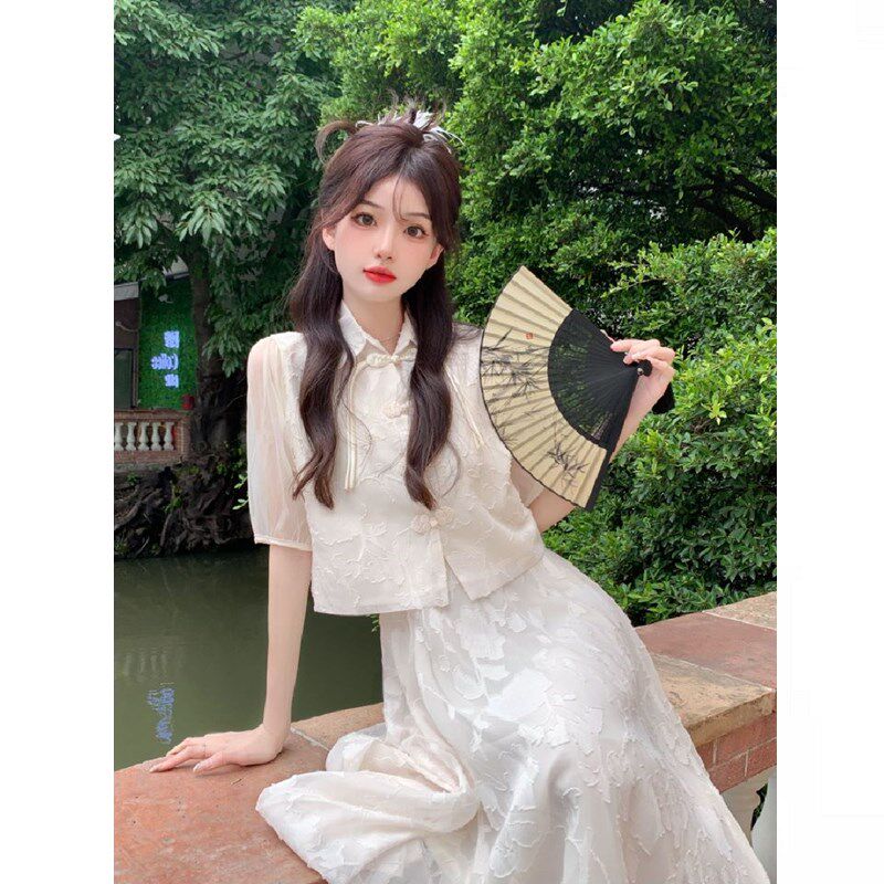 大码胖mm新中式国风盘扣开衫吊带连衣裙女夏季改良汉服旗袍裙套装