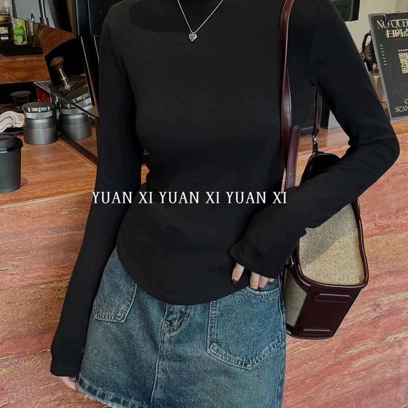 元熙3081-2韩系半高领长袖T恤女 秋冬加绒加厚修身显瘦打底衫上衣