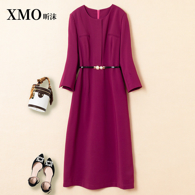 紫色大码长袖连衣裙中长款收腰气质喜婆婆妈妈宴会胖妹妹晚礼服裙