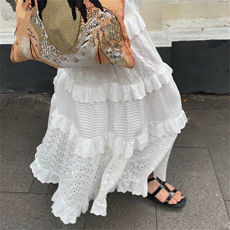大码甜美白色高腰蛋糕裙子春季显瘦中长款蕾丝蓬蓬裙a字半身裙女