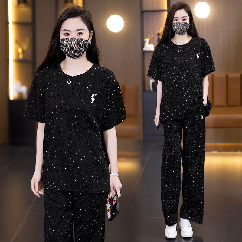 大码女装时尚休闲套装女2025夏季胖MM高级感烫钻短袖+裤子两件套