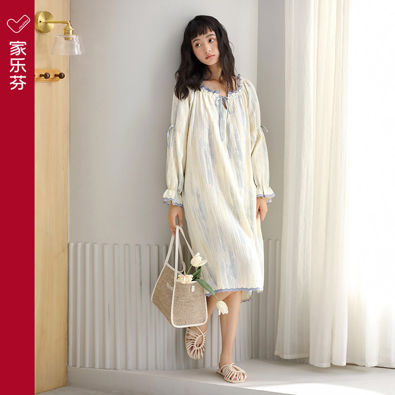 梭织棉纱布睡裙女士睡衣春秋季秋款纯棉长袖家居服大码休闲可外穿