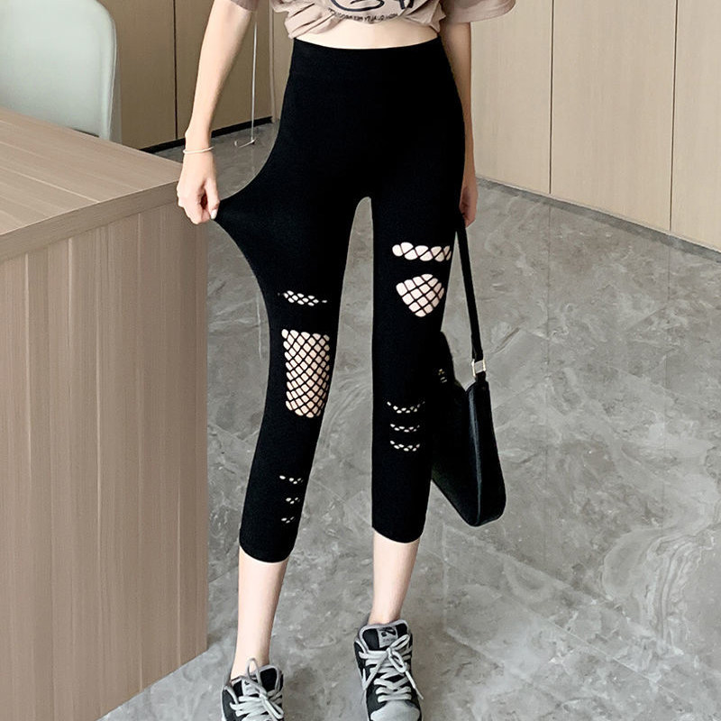 破洞打底裤女秋季薄款外穿设计感高腰紧身弹力大码胖MM七分小脚裤