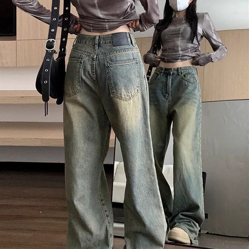 美式高街复古做旧直筒宽松阔腿牛仔裤女冬高腰显瘦拖地垂感拖地裤