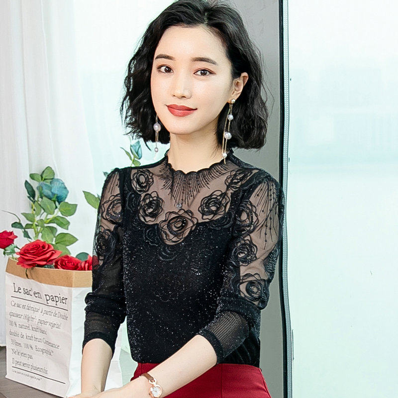 2025春秋装新款立领网纱打底衫女内搭T恤时髦洋气小衫蕾丝上衣潮