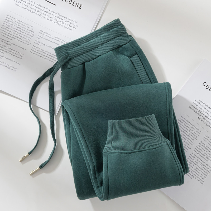 墨绿色九分运动裤女春秋款毛圈棉小个子束脚宽松秋冬加绒休闲卫裤