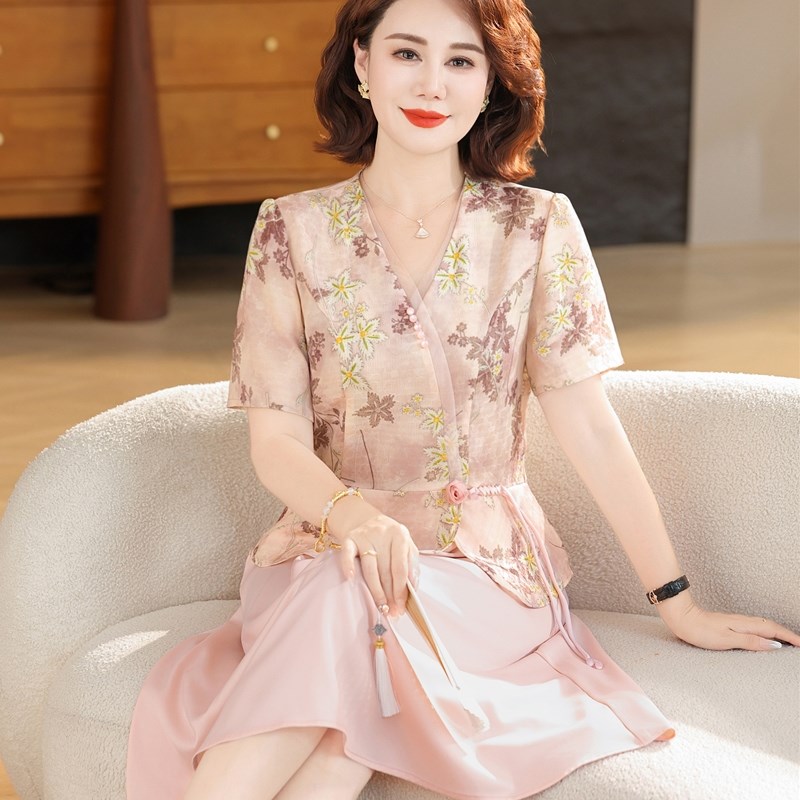小个子妈妈装中式假两件连衣裙夏季新款中年女中长款雪纺短袖裙子