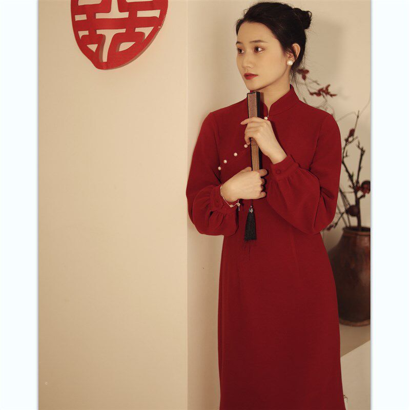 喵吉复古新中式长袖订婚裙小个子红色敬酒服改良旗袍连衣裙女秋冬