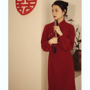 喵吉复古新中式长袖订婚裙小个子红色敬酒服改良旗袍连衣裙女秋冬