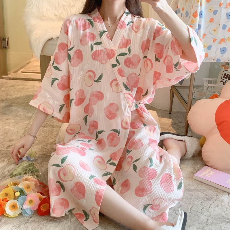 睡裙女夏纯棉纱布和服睡袍棉麻薄款日系式浴袍浴衣汗蒸服和风睡衣