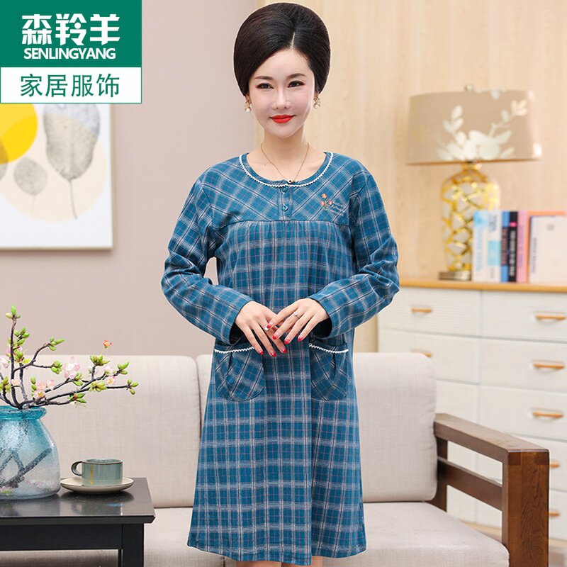睡裙女春秋季纯棉长袖裙子宽松休闲妈妈大码外穿家居服睡衣连衣裙