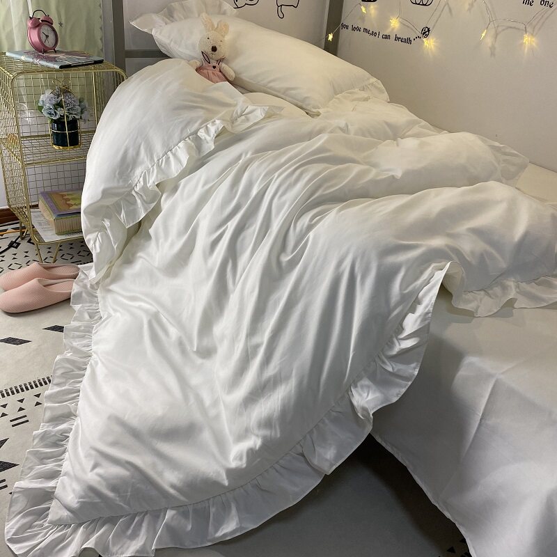 梦幻公主风纯白荷叶花边四件套y水洗棉被套床单床裙学生宿舍三件