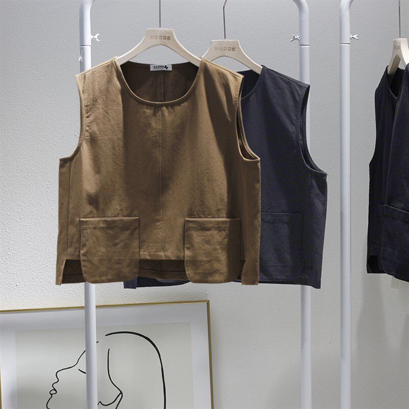 马甲女春秋新款纯棉圆领无袖坎肩短款宽松叠穿小背心外搭上衣