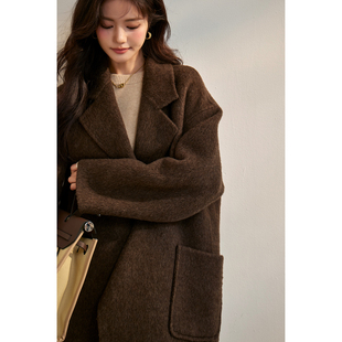毛呢外套 秋冬高级感小个子爆款 棕色双面羊绒大衣女中长款 2024新款