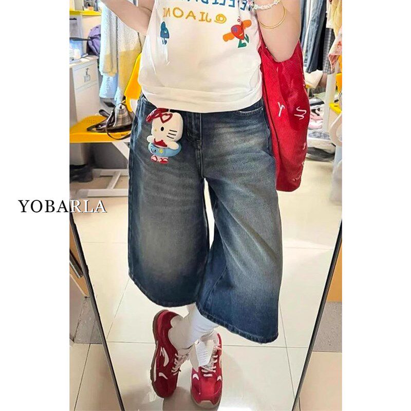 美式阔腿牛仔七分裤女夏季新款大码胖mm梨形身材宽松显瘦直筒裤子