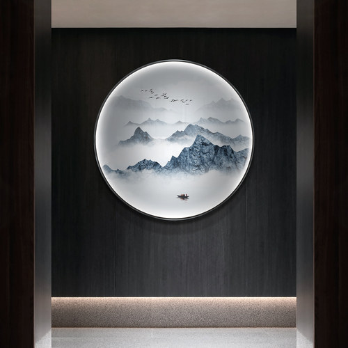办公室茶室光照山河风景背景装饰画新G中式样板房玄关圆形灯光挂