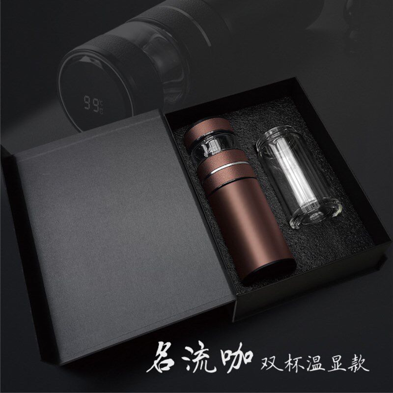 礼品制定茶水分离杯旋转智能显温度C双层玻璃水杯316不锈钢泡茶杯