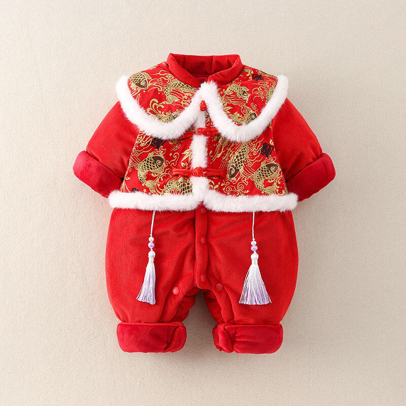 婴儿冬装新年装宝宝中国风拜年服满月百日M花边领团鹤拼色连体衣